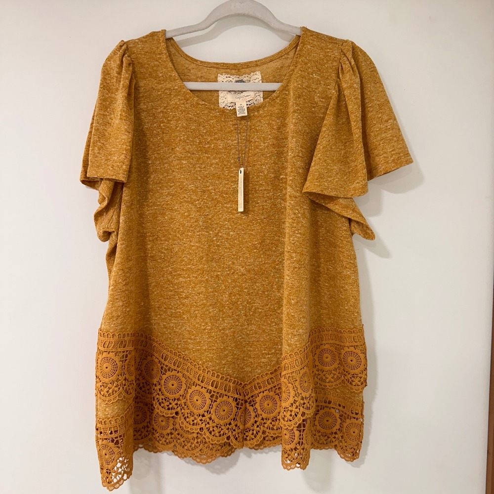 Cupio Blush Lace Hem Flutter Sleeve Top Womens‎ 2X Golden Vista Boho | Romantic
